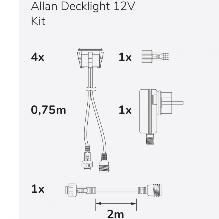 Llitt Allan Decklight kit 4-pack inkl strömadapter 12V 3000K 10lm IP67 Llitt Allan Decklight kit 4-pack inkl strömadapter 12V 3000K 10lm IP67
