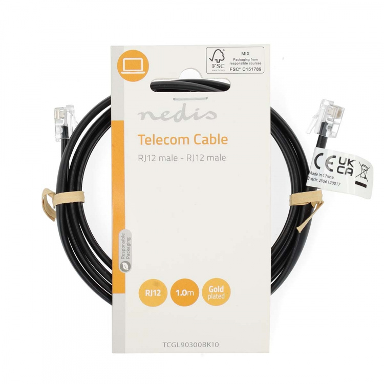 Nedis Telekomkabel | RJ12 Hane | RJ12 Hane | 1.00 m | Kabelns utformning: Platt | Kabeltyp: RJ12 | Svart | Label