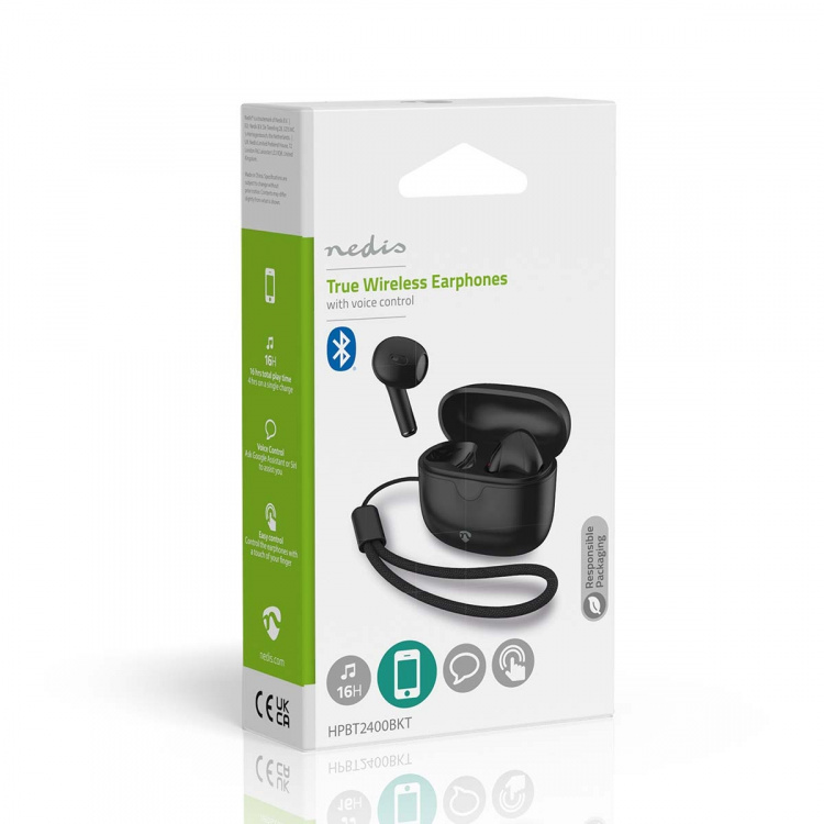 Nedis Fullt Trådlösa hörlurar | Bluetooth® | Maximal batteritid: 16 timmar | Tryck på Kontroll | Batteri hölje | Trådlöst laddningsfodral | Inbygd mikrofon | Stöd för röststyrning | Svart