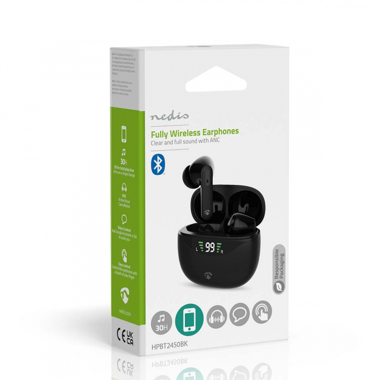 Nedis Fullt Trådlösa hörlurar | ANC (Active Noise Cancelling) | Bluetooth® | Batteri 1 driftstid standardanvändning: 1800 min | Tryck på Kontroll | Batteri hölje | Trådlöst laddningsfodral | Inbygd mikrofon | Stöd för röststyrning | Svart