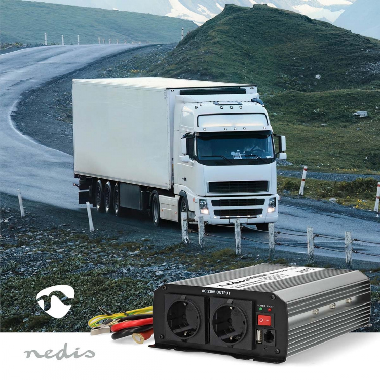 Nedis Växelriktare med modifierad sinusvåg | Inspänning: 12 V DC | Enhetens utgångsanslutning: Type F (CEE 7/3) / USB-A | 230 V AC 50 Hz | 1000 W | Toppeffekt: 2000 W | Skruv terminal | Silver