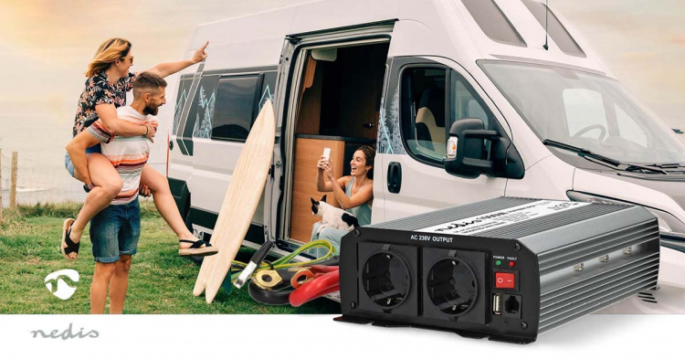 Nedis Växelriktare med modifierad sinusvåg | Inspänning: 12 V DC | Enhetens utgångsanslutning: Type F (CEE 7/3) / USB-A | 230 V AC 50 Hz | 1000 W | Toppeffekt: 2000 W | Skruv terminal | Silver