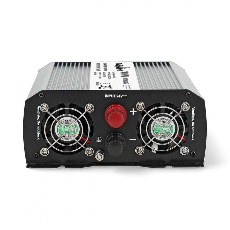 Nedis Växelriktare med modifierad sinusvåg | Inspänning: 24 V DC | Enhetens utgångsanslutning: Type F (CEE 7/3) / USB-A | 230 V AC 50 Hz | 1000 W | Toppeffekt: 2000 W | Skruv terminal | Silver Nedis Växelriktare med modifierad sinusvåg | Inspänning: 24 V DC | Enhetens utgångsanslutning: Type F (CEE 7/3) / USB-A | 230 V AC 50 Hz | 1000 W | Toppeffekt: 2000 W | Skruv terminal | Silver