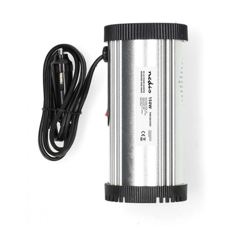 Nedis Växelriktare med modifierad sinusvåg | Inspänning: 12 V DC | Enhetens utgångsanslutning: Type F (CEE 7/3) / USB-A | 230 V AC 50 Hz | 150 W | Toppeffekt: 300 W | Cigarettändarkontakt | Silver