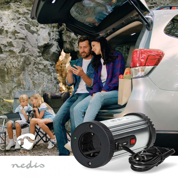 Nedis Växelriktare med modifierad sinusvåg | Inspänning: 12 V DC | Enhetens utgångsanslutning: Type F (CEE 7/3) / USB-A | 230 V AC 50 Hz | 150 W | Toppeffekt: 300 W | Cigarettändarkontakt | Silver