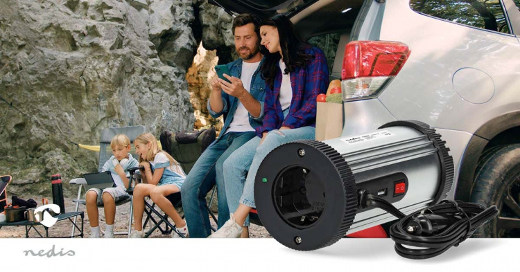 Nedis Växelriktare med modifierad sinusvåg | Inspänning: 12 V DC | Enhetens utgångsanslutning: Type F (CEE 7/3) / USB-A | 230 V AC 50 Hz | 150 W | Toppeffekt: 300 W | Cigarettändarkontakt | Silver