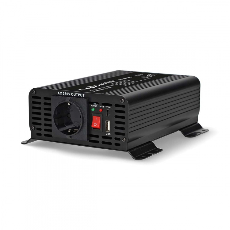Nedis Strömväxelriktare | Inspänning: 12 V DC | Enhetens utgångsanslutning: Type F (CEE 7/3) / USB-A / 1x USB-C™ | 230 V AC 50 Hz | 300 W | Toppeffekt: 600 W | Skruv terminal | Ren sinusvåg | Säkring | Svart