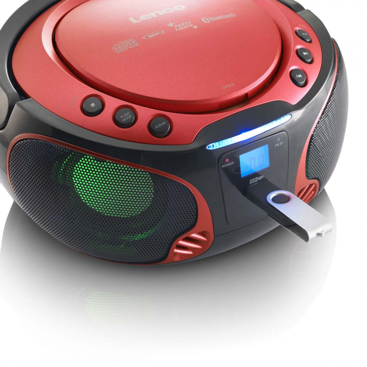 Lenco Bärbar FM-radio CD / MP3 / USB / Bluetooth-spelare® med LED-belysning Röd Lenco Bärbar FM-radio CD / MP3 / USB / Bluetooth-spelare® med LED-belysning Röd