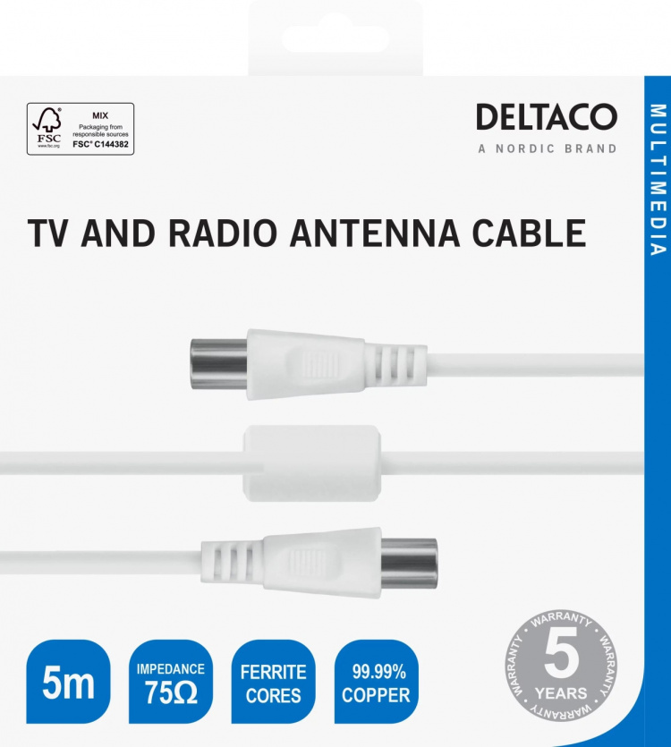 DELTACO Antenna cable, 75 Ohm nickel-plated connectors, 5m, white