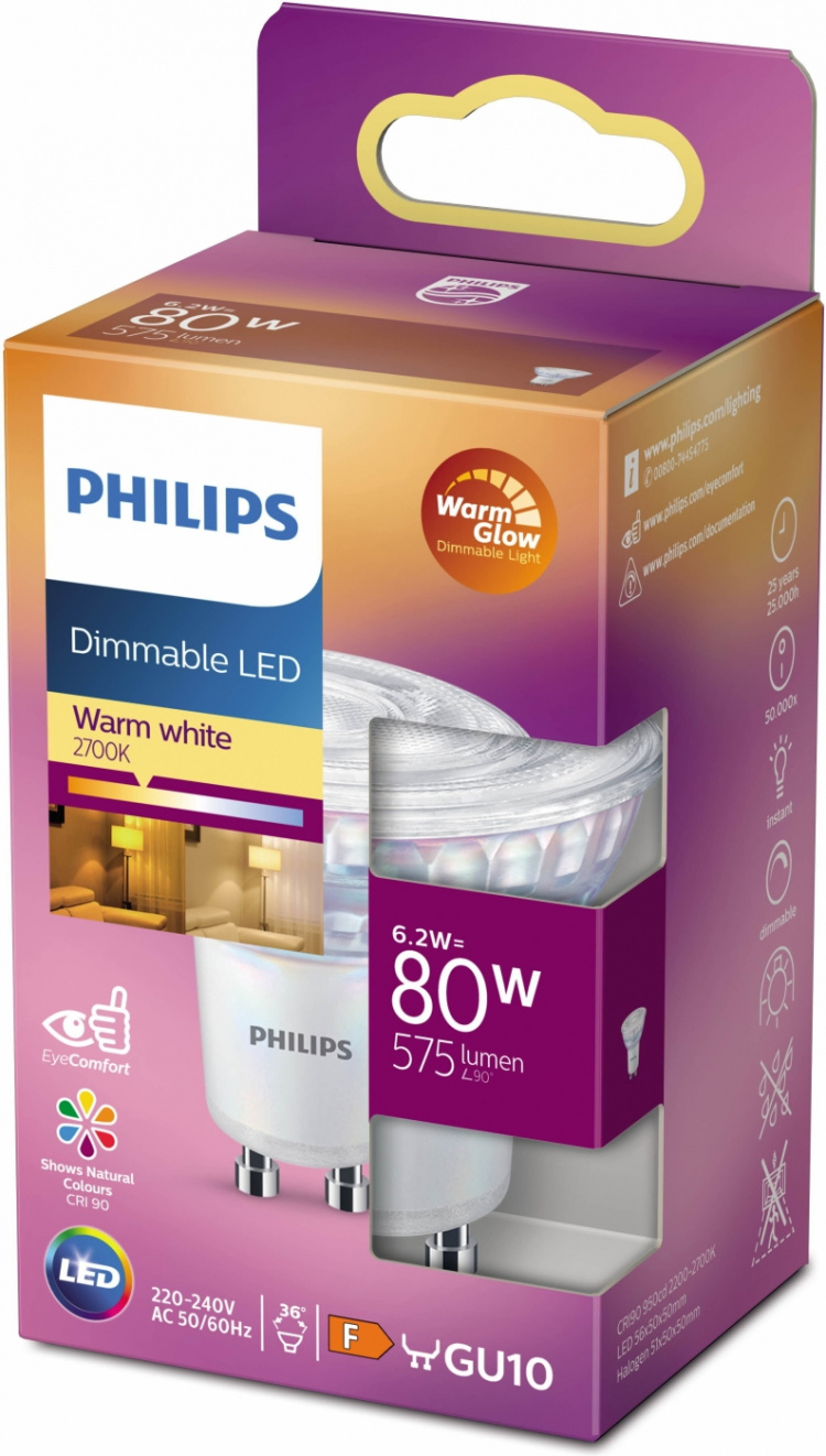 Philips Warm Glow LED-spotlampa, GU10, 2200–2700 K, 575 lm, dimbar