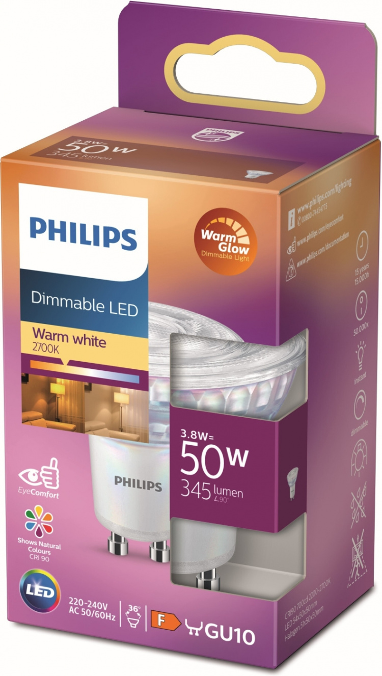 Philips Warm Glow LED-spotlight, GU10, 2200-2700 K, 345 lm, dimbar
