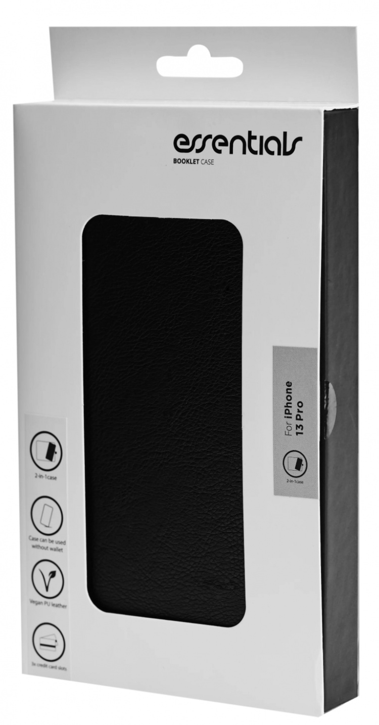 Essentials iPhone 13 Pro PU-plånbok, avtagbar, 3 kort, Svart