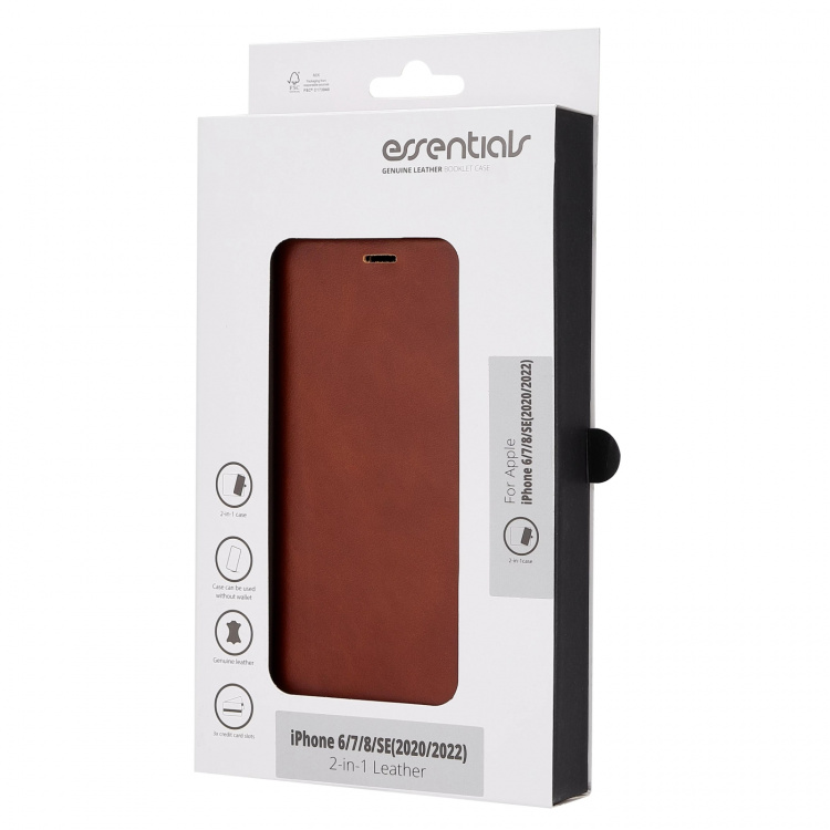 Essentials iPhone 6/7/8/SE (2020/2022) Läder Väggfodral, detaljer, Brun