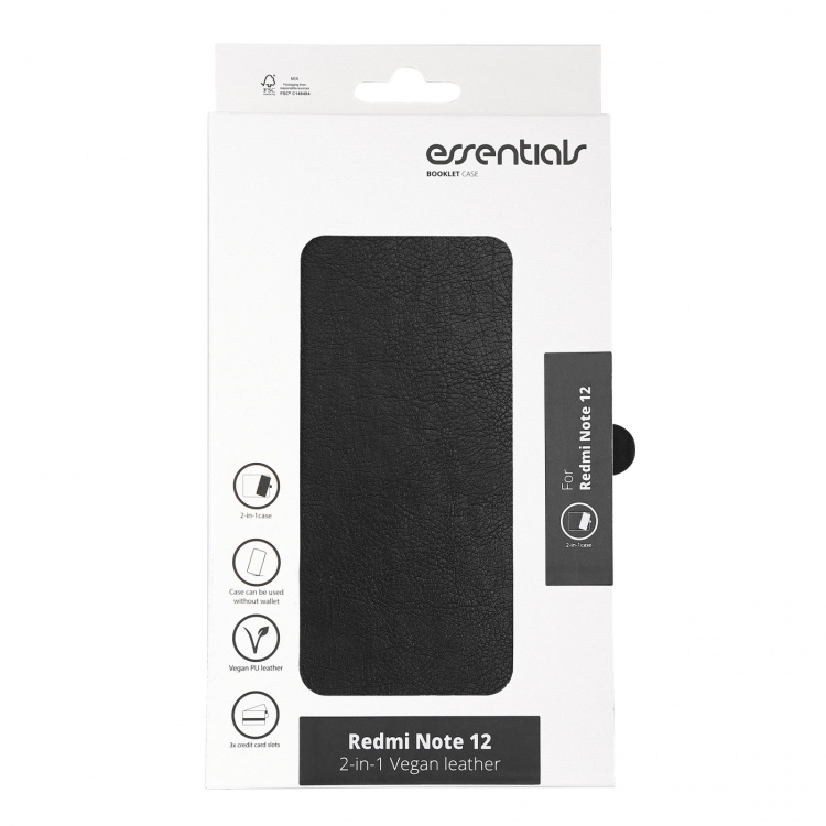 Essentials Redmi Note 12 PU-plånbok, avtagbar, svart
