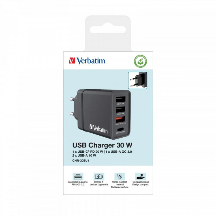 Verbatim CHR-30EU1 USB-laddare 30W med 1 x USB-C® PD 20W