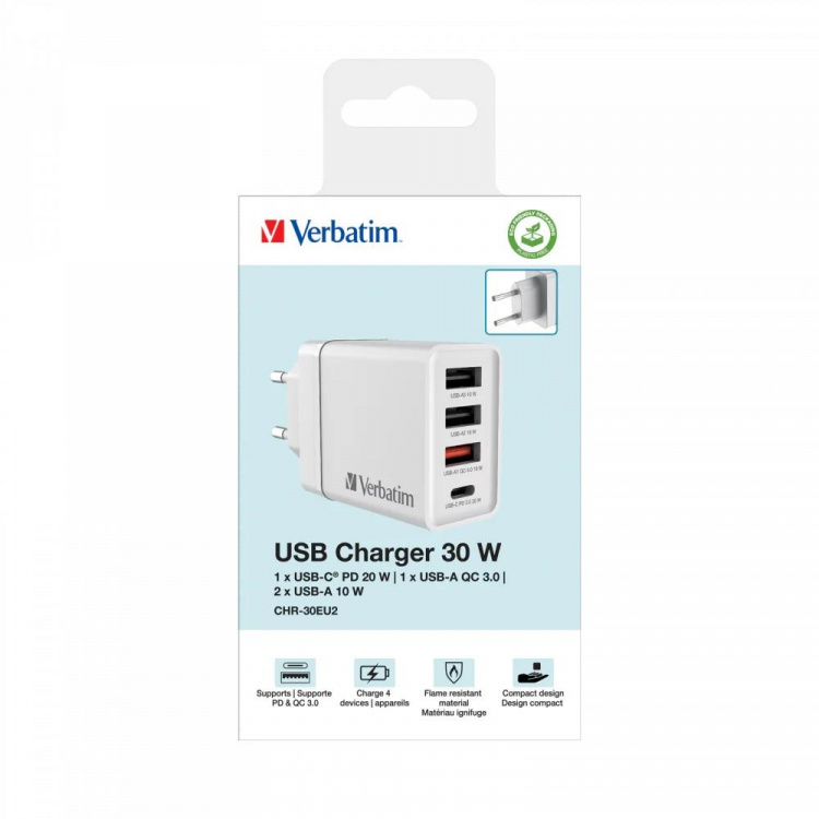 Verbatim CHR-30EU2 USB-laddare 30W med 1 x USB-C® PD 20W