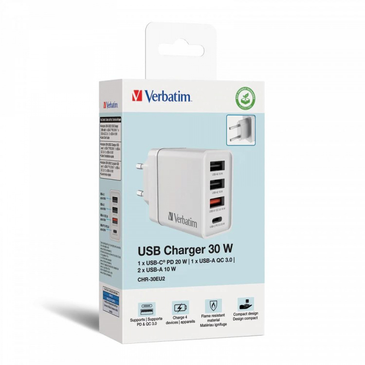 Verbatim CHR-30EU2 USB-laddare 30W med 1 x USB-C® PD 20W