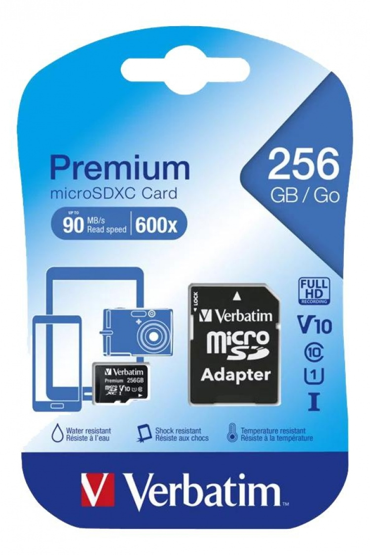 Verbatim Micro SDXC inc Adpt 256GB Premium C10 UHS-1