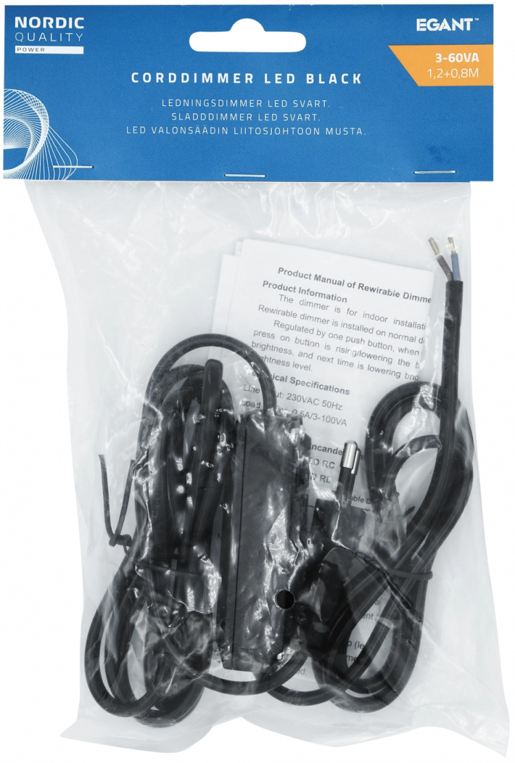 Nordic Quality Sladdimmer 3-60vA 1,2+0,8m m. stickpropp Svart