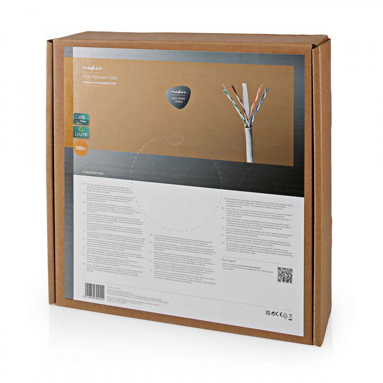 Nedis Nätverkskabel Roll | CAT6 | Fast | U/UTP | CCA | 100.0 m | Inomhus | Rund | PVC | Grå | Dragkorg