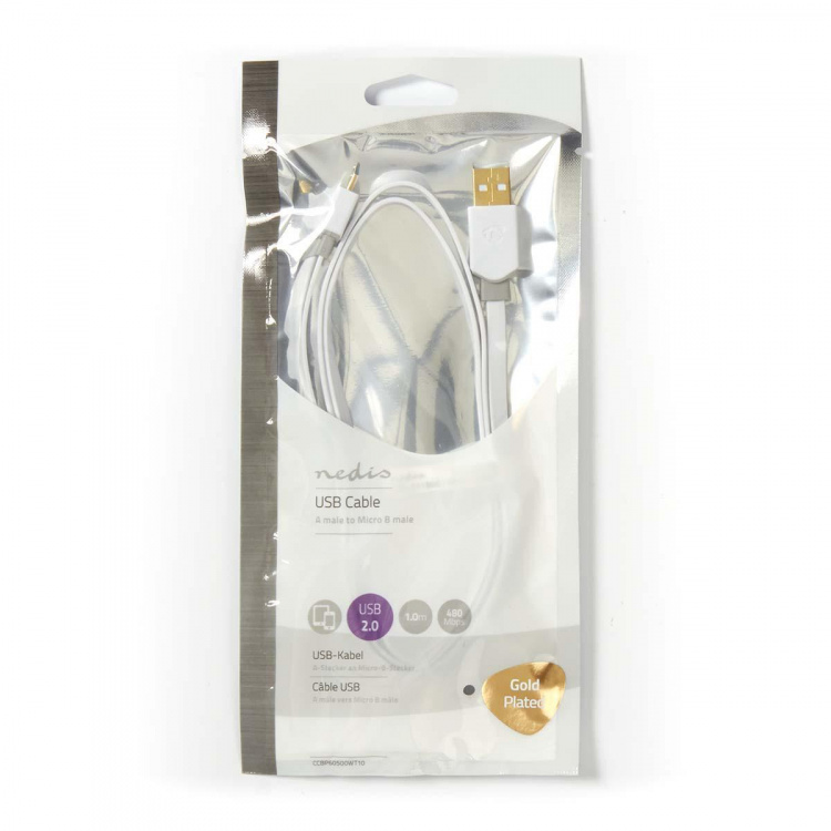 Nedis USB-kabel | USB 2.0 | USB-A Hane | USB Micro-B Hane | 480 Mbps | Guldplaterad | 1.00 m | Platt | PVC | Vit | Plastpåse Nedis USB-kabel | USB 2.0 | USB-A Hane | USB Micro-B Hane | 480 Mbps | Guldplaterad | 1.00 m | Platt | PVC | Vit | Plastpåse