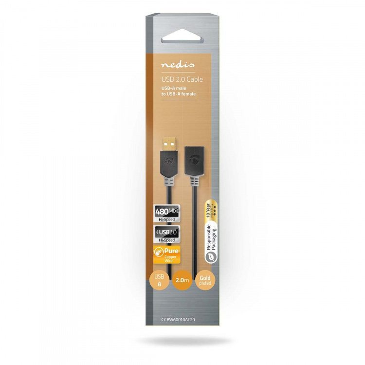 Nedis USB-kabel | USB 2.0 | USB-A Hane | USB-A Hona | 480 Mbps | Guldplaterad | 2.00 m | Rund | PVC | Antracit | Låda Nedis USB-kabel | USB 2.0 | USB-A Hane | USB-A Hona | 480 Mbps | Guldplaterad | 2.00 m | Rund | PVC | Antracit | Låda