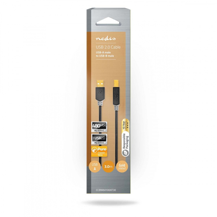 Nedis USB-kabel | USB 2.0 | USB-A Hane | USB-B Hane | 480 Mbps | Guldplaterad | 3.00 m | Rund | PVC | Antracit | Kartong med fönster Nedis USB-kabel | USB 2.0 | USB-A Hane | USB-B Hane | 480 Mbps | Guldplaterad | 3.00 m | Rund | PVC | Antracit | Kartong med fönster