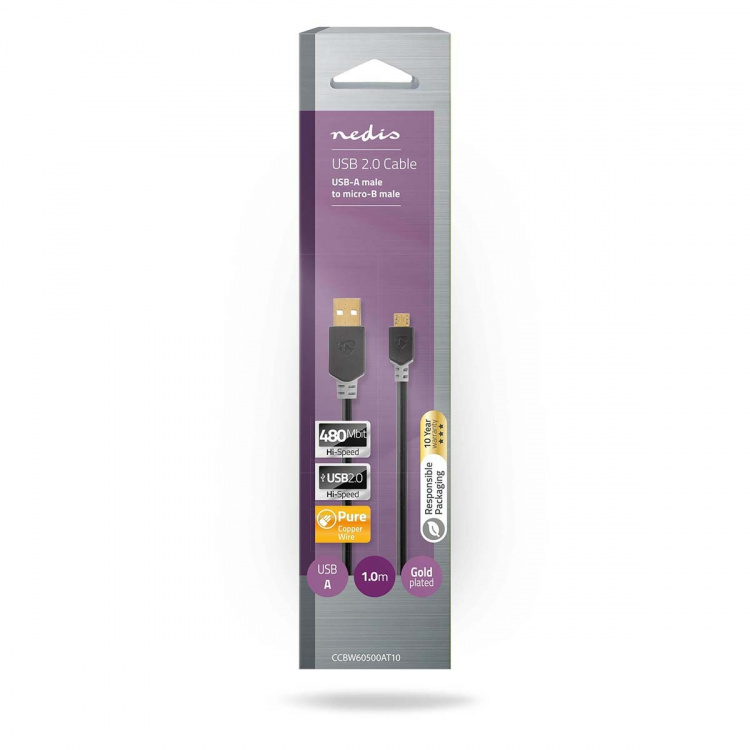 Nedis USB-kabel | USB 2.0 | USB-A Hane | USB Micro-B Hane | 480 Mbps | Guldplaterad | 1.00 m | Rund | PVC | Antracit | Låda