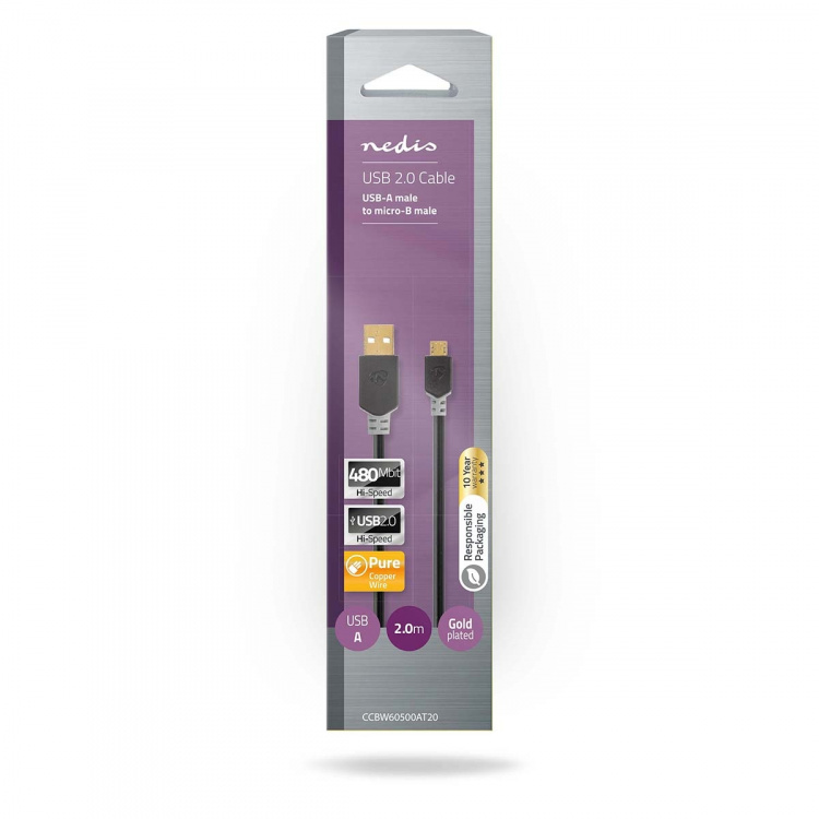 Nedis USB-kabel | USB 2.0 | USB-A Hane | USB Micro-B Hane | 480 Mbps | Guldplaterad | 2.00 m | Rund | PVC | Antracit | Låda Nedis USB-kabel | USB 2.0 | USB-A Hane | USB Micro-B Hane | 480 Mbps | Guldplaterad | 2.00 m | Rund | PVC | Antracit | Låda