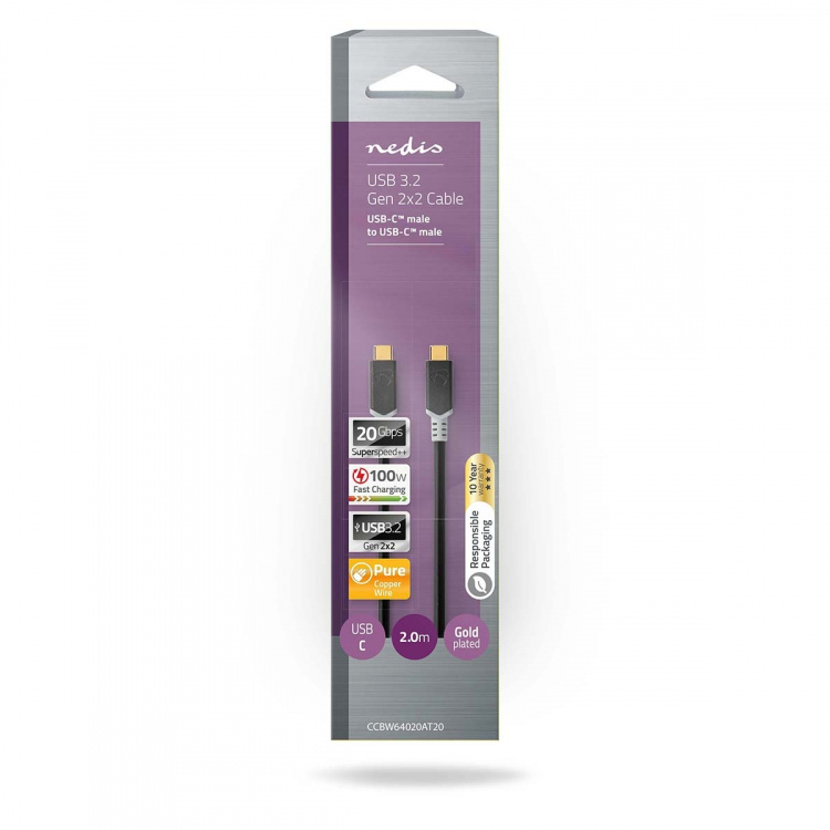 Nedis USB-kabel | USB 3.2 Gen 2x2 | USB-C™ Hane | USB-C™ Hane | 100 W | 4K@60Hz | 20 Gbps | Guldplaterad | 2.00 m | Rund | PVC | Silver | Låda Nedis USB-kabel | USB 3.2 Gen 2x2 | USB-C™ Hane | USB-C™ Hane | 100 W | 4K@60Hz | 20 Gbps | Guldplaterad | 2.00 m | Rund | PVC | Silver | Låda