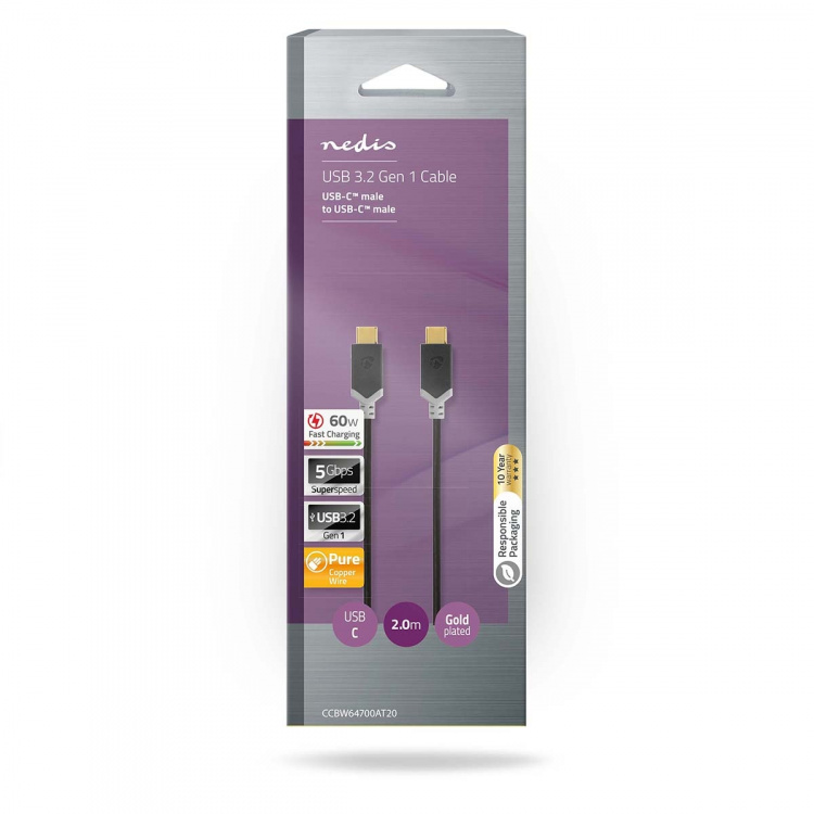 Nedis USB-kabel | USB 3.2 Gen 1 | USB-C™ Hane | USB-C™ Hane | 60 W | 4K@60Hz | 5 Gbps | Guldplaterad | 2.00 m | Rund | PVC | Svart | Låda