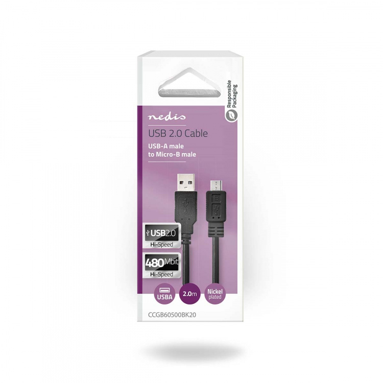 Nedis USB-kabel | USB 2.0 | USB-A Hane | USB Micro-B Hane | 480 Mbps | Nickelplaterad | 2.00 m | Rund | PVC | Svart | Låda