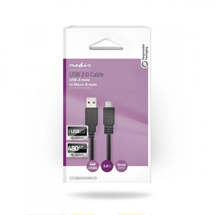 Nedis USB-kabel | USB 2.0 | USB-A Hane | USB Micro-B Hane | 480 Mbps | Nickelplaterad | 3.00 m | Rund | PVC | Svart | Låda Nedis USB-kabel | USB 2.0 | USB-A Hane | USB Micro-B Hane | 480 Mbps | Nickelplaterad | 3.00 m | Rund | PVC | Svart | Låda