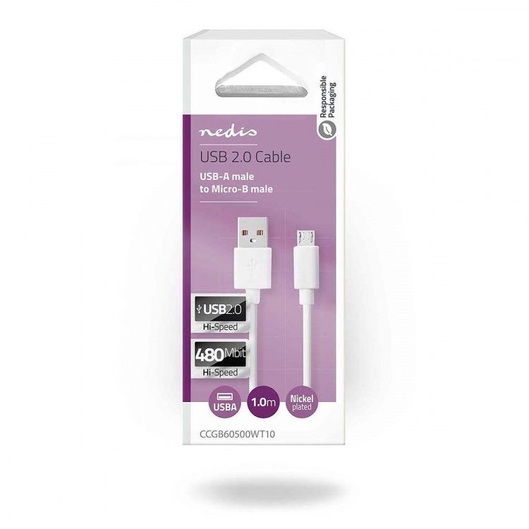Nedis USB-kabel | USB 2.0 | USB-A Hane | USB Micro-B Hane | 480 Mbps | Nickelplaterad | 1.00 m | Rund | PVC | Vit | Låda