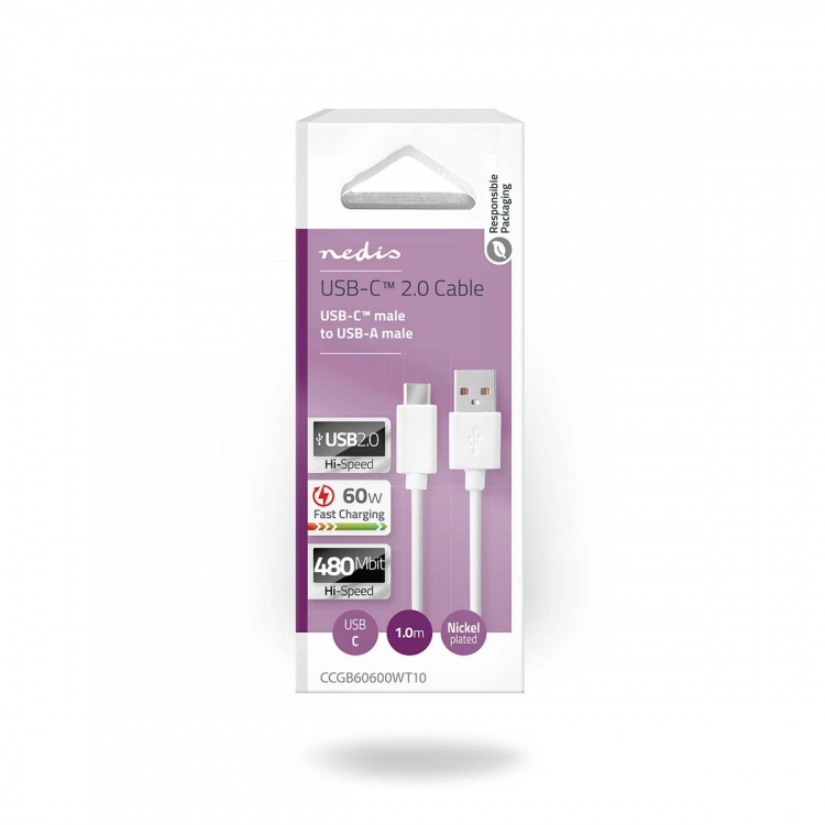 Nedis USB-kabel | USB 2.0 | USB-A Hane | USB-C™ Hane | 60 W | 480 Mbps | Nickelplaterad | 1.00 m | Rund | PVC | Vit | Låda Nedis USB-kabel | USB 2.0 | USB-A Hane | USB-C™ Hane | 60 W | 480 Mbps | Nickelplaterad | 1.00 m | Rund | PVC | Vit | Låda