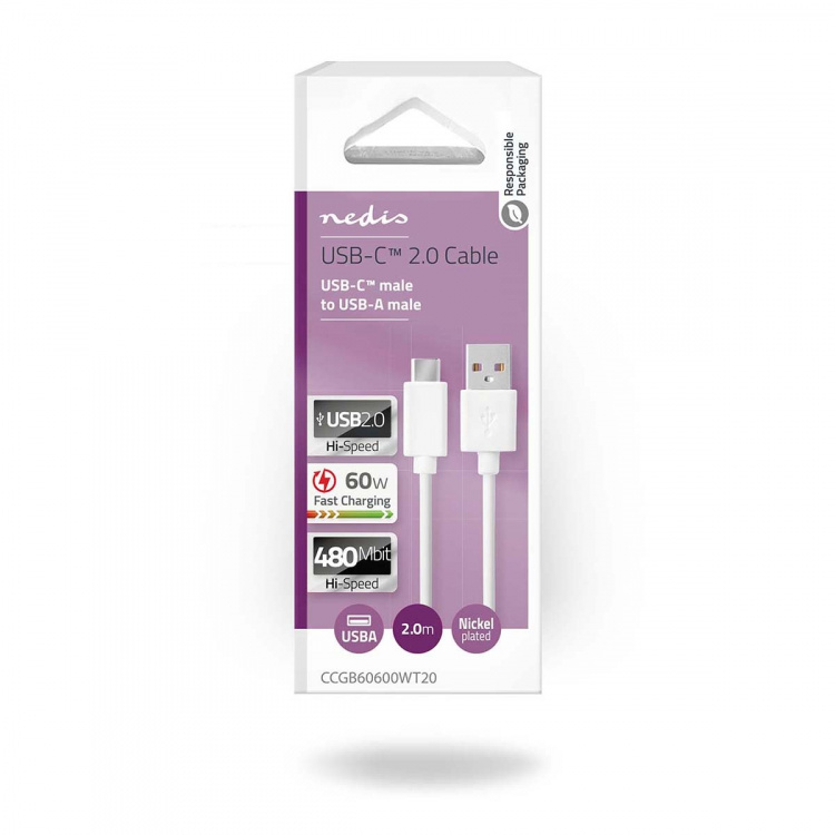 Nedis USB-kabel | USB 2.0 | USB-A Hane | USB-C™ Hane | 60 W | 480 Mbps | Nickelplaterad | 2.00 m | Rund | PVC | Vit | Låda