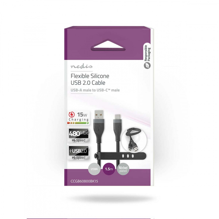 Nedis USB-kabel | USB 2.0 | USB-A Hane | USB-C™ Hane | 15 W | 480 Mbps | Nickelplaterad | 1.50 m | Rund | Silikon | Svart | Låda