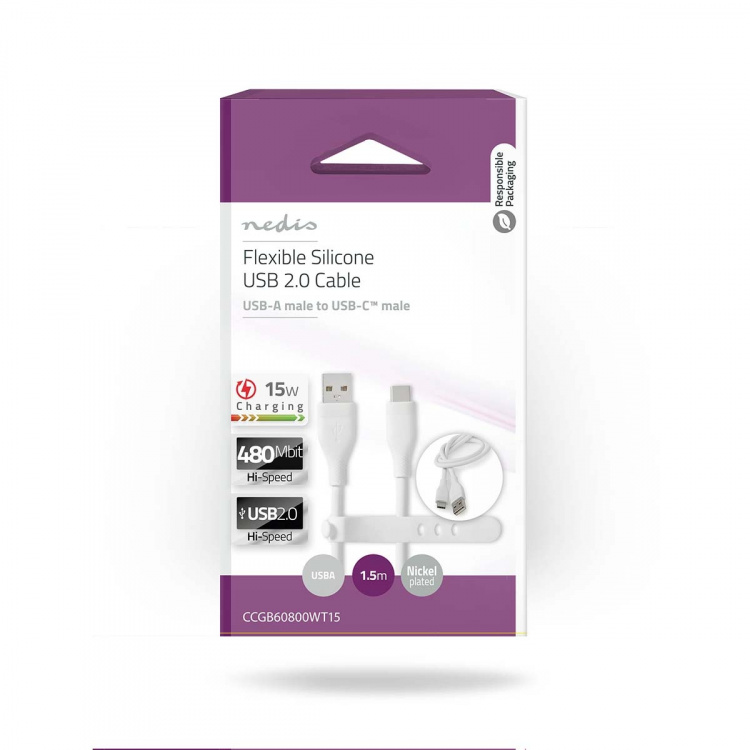 Nedis USB-kabel | USB 2.0 | USB-A Hane | USB-C™ Hane | 15 W | 480 Mbps | Nickelplaterad | 1.50 m | Rund | Silikon | Vit | Låda