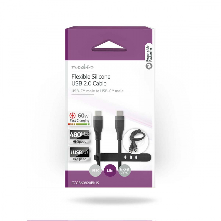 Nedis USB-kabel | USB 2.0 | USB-C™ Hane | USB-C™ Hane | 60 W | 480 Mbps | Nickelplaterad | 1.50 m | Rund | Silikon | Svart | Låda