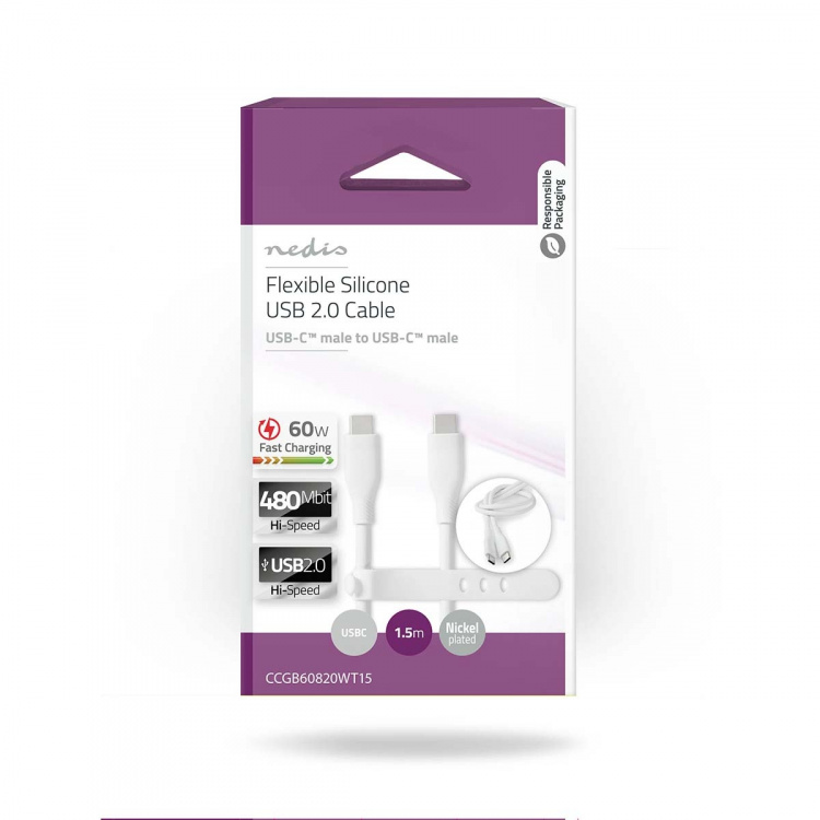 Nedis USB-kabel | USB 2.0 | USB-C™ Hane | USB-C™ Hane | 60 W | 480 Mbps | Nickelplaterad | 1.50 m | Rund | Silikon | Vit | Låda