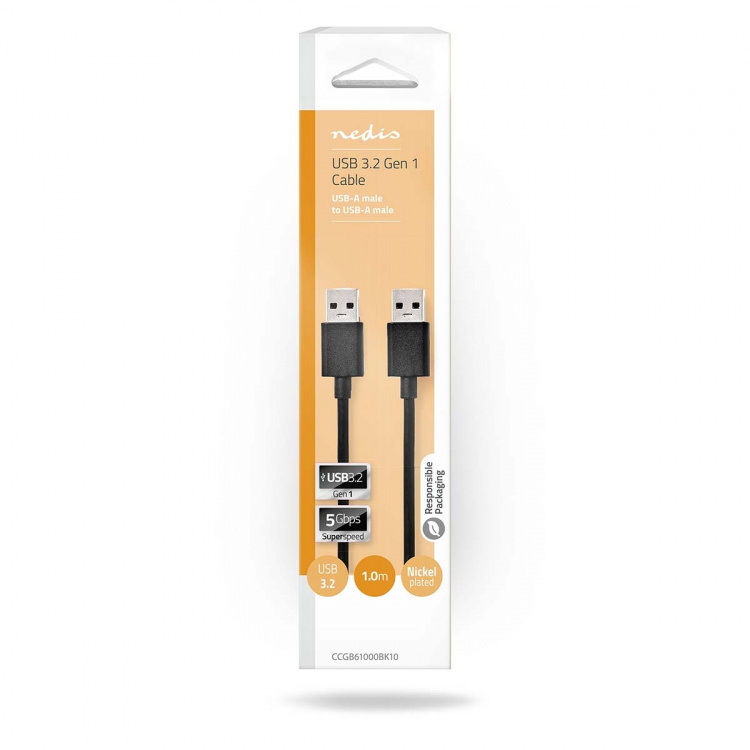 Nedis USB-kabel | USB 3.2 Gen 1 | USB-A Hane | USB-A Hane | 5 Gbps | Nickelplaterad | 1.00 m | Rund | PVC | Svart | Låda