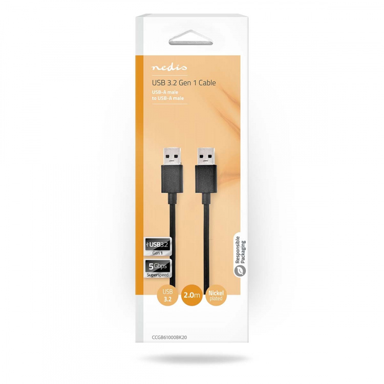 Nedis USB-kabel | USB 3.2 Gen 1 | USB-A Hane | USB-A Hane | 5 Gbps | Nickelplaterad | 2.00 m | Rund | PVC | Svart | Låda Nedis USB-kabel | USB 3.2 Gen 1 | USB-A Hane | USB-A Hane | 5 Gbps | Nickelplaterad | 2.00 m | Rund | PVC | Svart | Låda