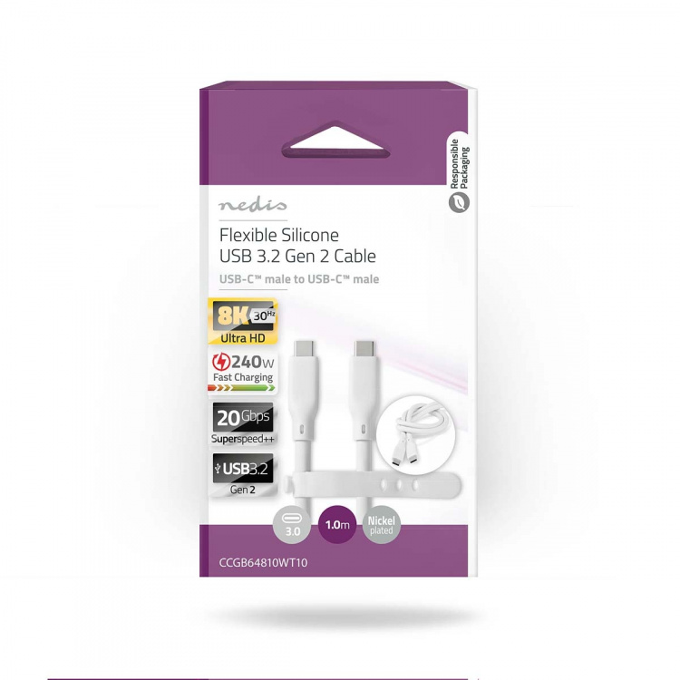 Nedis USB-kabel | USB 3.2 Gen 2 | USB-C™ Hane | USB-C™ Hane | 240 W | 8K@30Hz | 20 Gbps | Nickelplaterad | 1.00 m | Rund | Silikon | Vit | Låda