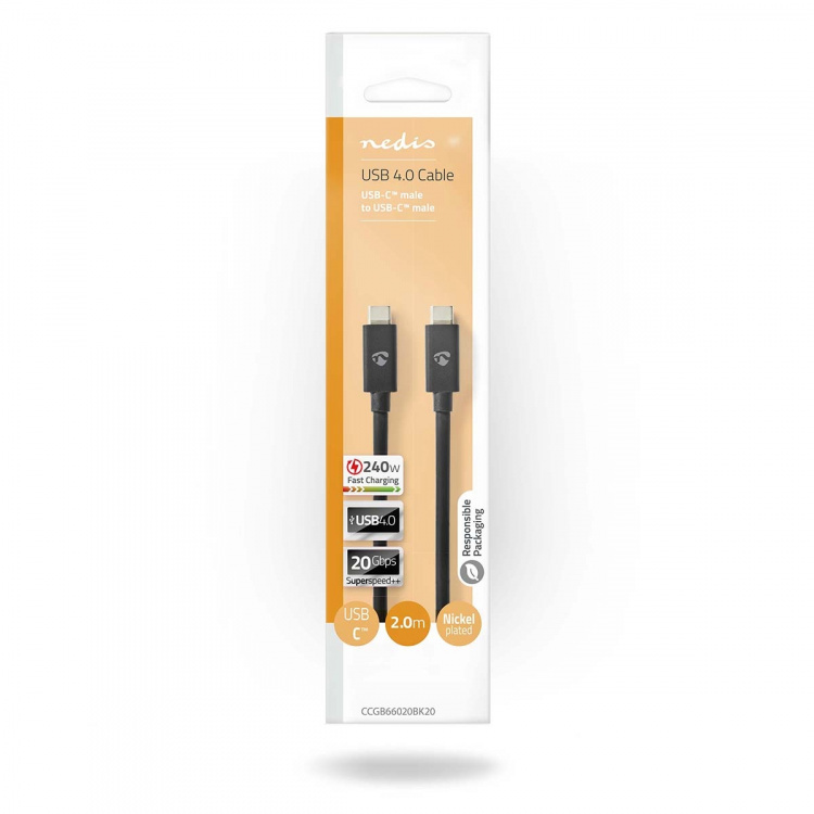 Nedis USB-kabel | USB 4.0 Gen 2x2 | USB-C™ Hane | USB-C™ Hane | 240 W | 8K@60Hz | 20 Gbps | Nickelplaterad | 2.00 m | Rund | PVC | Svart | Låda Nedis USB-kabel | USB 4.0 Gen 2x2 | USB-C™ Hane | USB-C™ Hane | 240 W | 8K@60Hz | 20 Gbps | Nickelplaterad | 2.00 m | Rund | PVC | Svart | Låda