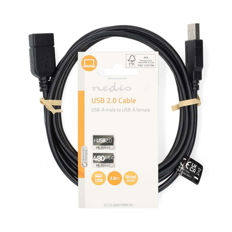 Nedis USB-kabel | USB 2.0 | USB-A Hane | USB-A Hona | 480 Mbps | Nickelplaterad | 2.00 m | Rund | PVC | Svart | Label Nedis USB-kabel | USB 2.0 | USB-A Hane | USB-A Hona | 480 Mbps | Nickelplaterad | 2.00 m | Rund | PVC | Svart | Label