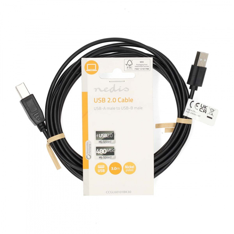 Nedis USB-kabel | USB 2.0 | USB-A Hane | USB-B Hane | 480 Mbps | Nickelplaterad | 3.00 m | Rund | PVC | Svart | Label Nedis USB-kabel | USB 2.0 | USB-A Hane | USB-B Hane | 480 Mbps | Nickelplaterad | 3.00 m | Rund | PVC | Svart | Label