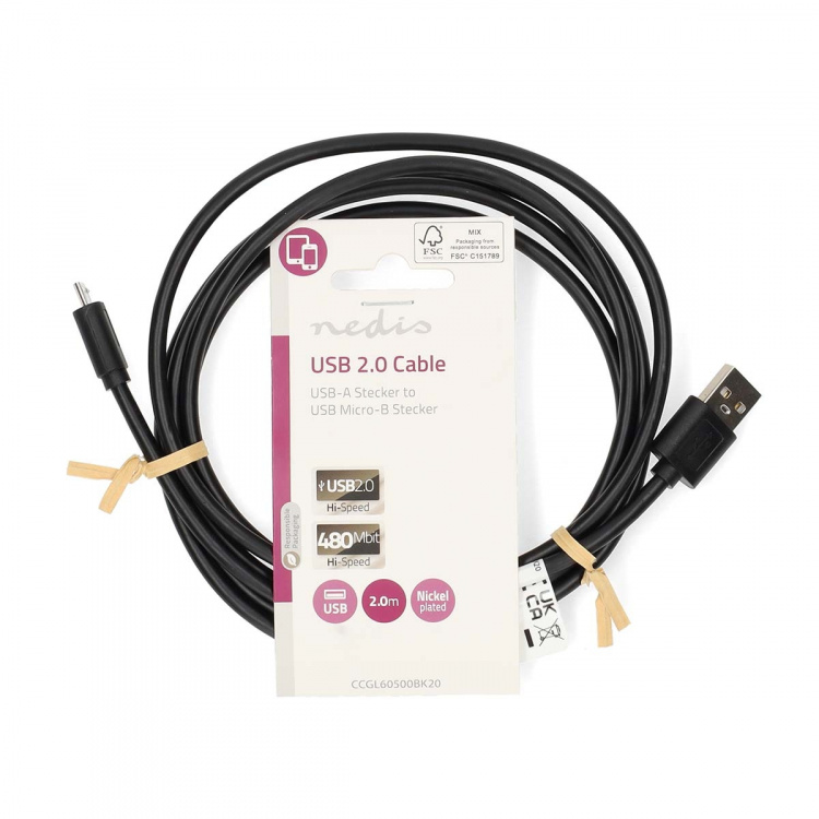 Nedis USB-kabel | USB 2.0 | USB-A Hane | USB Micro-B Hane | 11 W | 480 Mbps | Nickelplaterad | 2.00 m | Rund | PVC | Svart | Label Nedis USB-kabel | USB 2.0 | USB-A Hane | USB Micro-B Hane | 11 W | 480 Mbps | Nickelplaterad | 2.00 m | Rund | PVC | Svart | Label