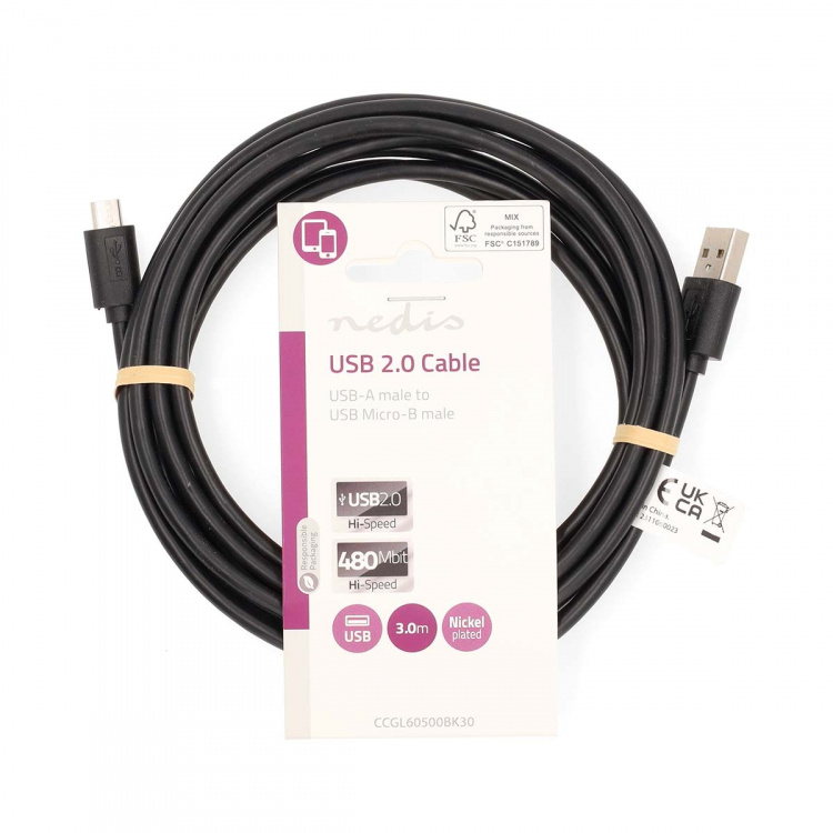Nedis USB-kabel | USB 2.0 | USB-A Hane | USB Micro-B Hane | 10 W | 480 Mbps | Nickelplaterad | 3.00 m | Rund | PVC | Svart | Label