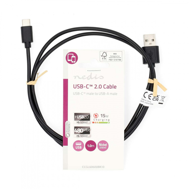 Nedis USB-kabel | USB 2.0 | USB-A Hane | USB-C™ Hane | 15 W | 480 Mbps | Nickelplaterad | 1.00 m | Rund | PVC | Svart | Label Nedis USB-kabel | USB 2.0 | USB-A Hane | USB-C™ Hane | 15 W | 480 Mbps | Nickelplaterad | 1.00 m | Rund | PVC | Svart | Label
