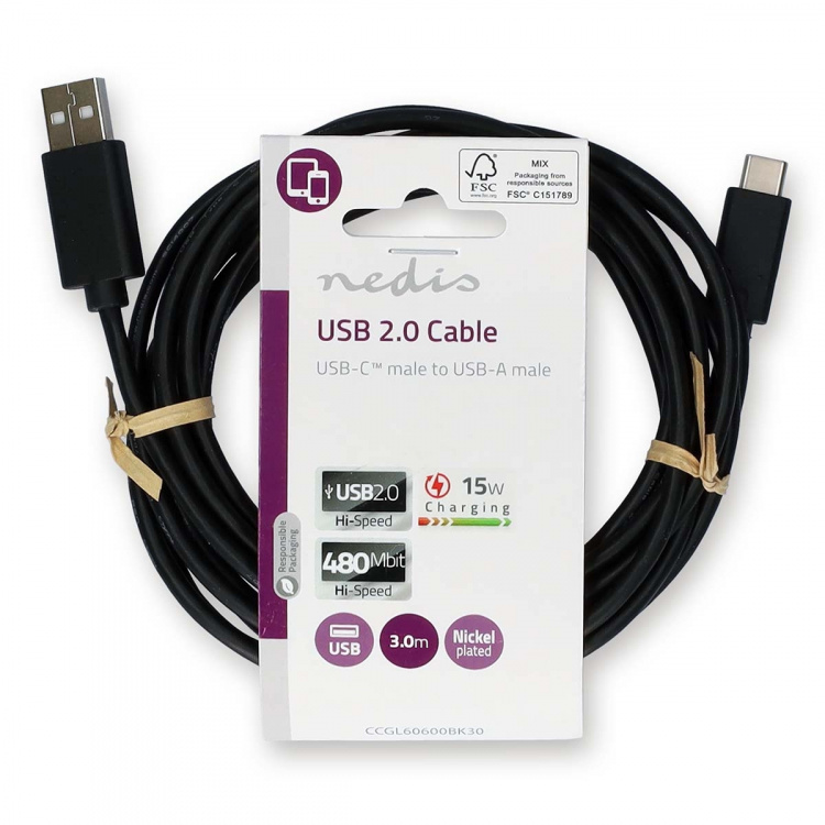 Nedis USB-kabel | USB 2.0 | USB-A Hane | USB-C™ Hane | 15 W | 480 Mbps | Nickelplaterad | 3.00 m | Rund | PVC | Svart | Label